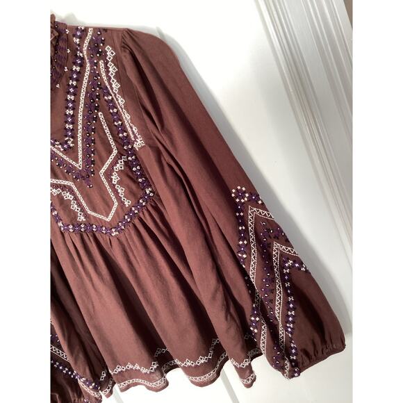 Zara Woman's Long Sleeve Beaded Embroidered Blouse Top Brown Size Small - Picture 6 of 14